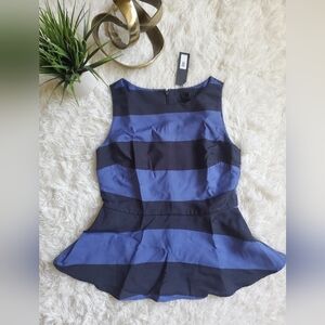 Banana Republic Rugby Striped Shimmer Peplum Top Size 6 Blue & Black RT$78 NEW